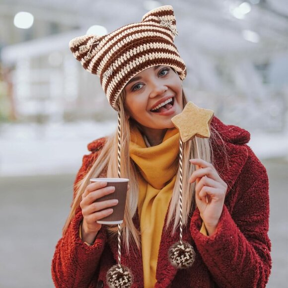 Crochet Hats for Women, Cat Beanie Y2K Beanies Grunge Accessories with Arm Warme - Picture 7 of 7